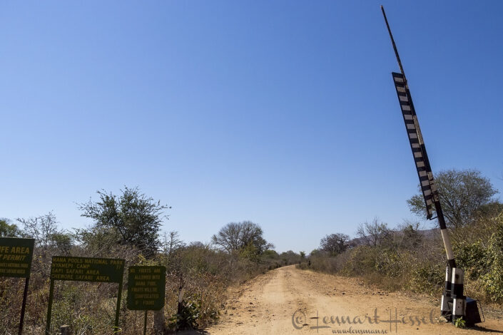 140714 The boom gate at Chimutsi Chimutsi gate Mana Pools National Park, Zimbabwe